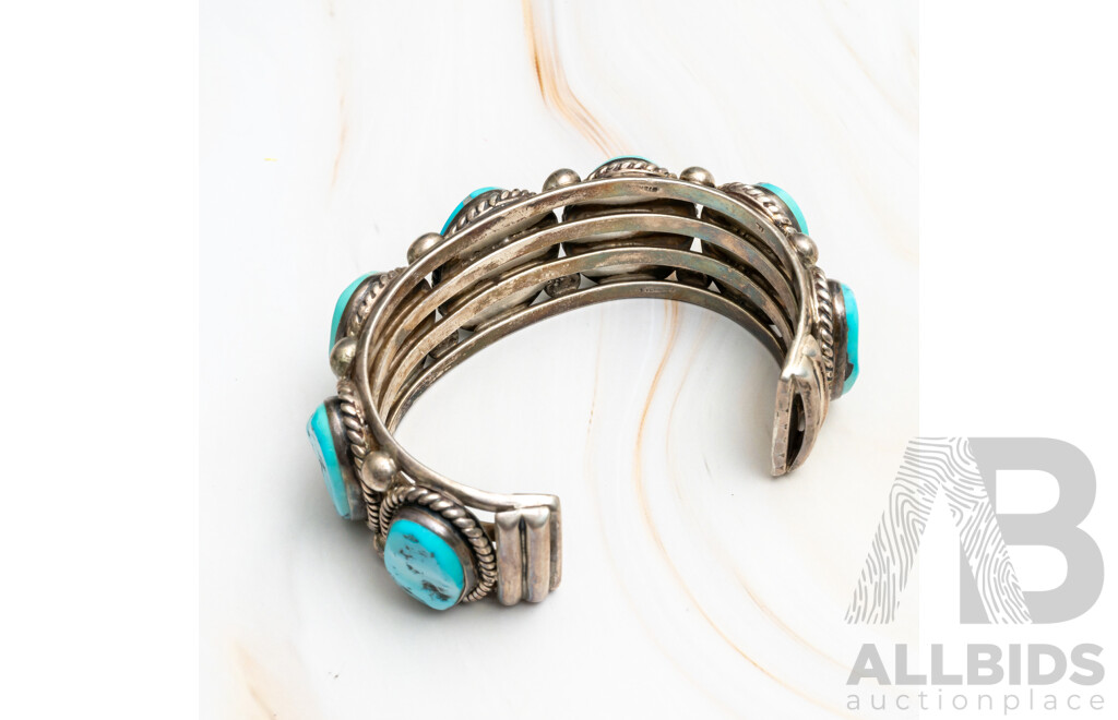 Zuni Navajo Vintage Sterling Silver Natural Turquoise Open Cuff Bangle, 70mm, 145.0 Grams
