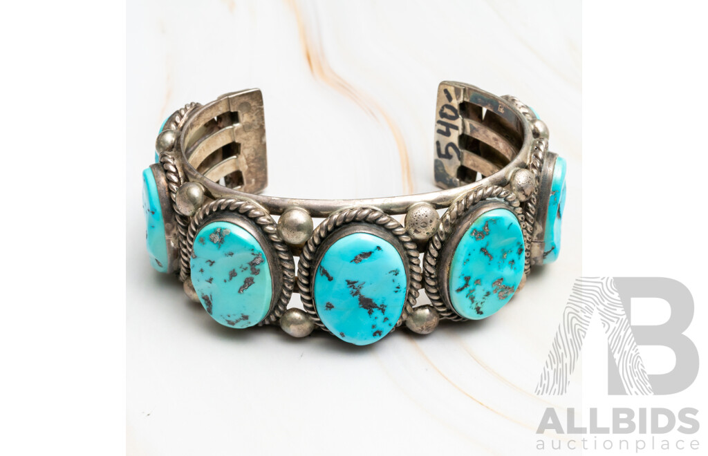 Zuni Navajo Vintage Sterling Silver Natural Turquoise Open Cuff Bangle, 70mm, 145.0 Grams
