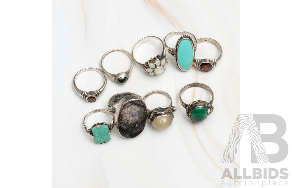 Collection of (9) Vintage Sterling Silver Rings Including Lodolite, Turquoise, Malachite, Moonstone & Garnet, 41.0 Grams