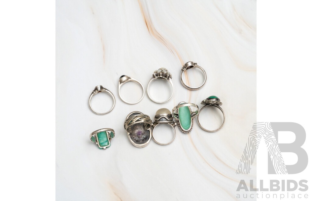 Collection of (9) Vintage Sterling Silver Rings Including Lodolite, Turquoise, Malachite, Moonstone & Garnet, 41.0 Grams