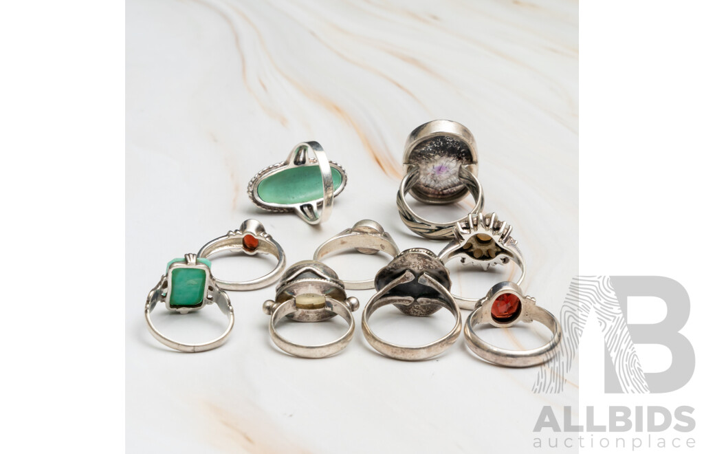 Collection of (9) Vintage Sterling Silver Rings Including Lodolite, Turquoise, Malachite, Moonstone & Garnet, 41.0 Grams
