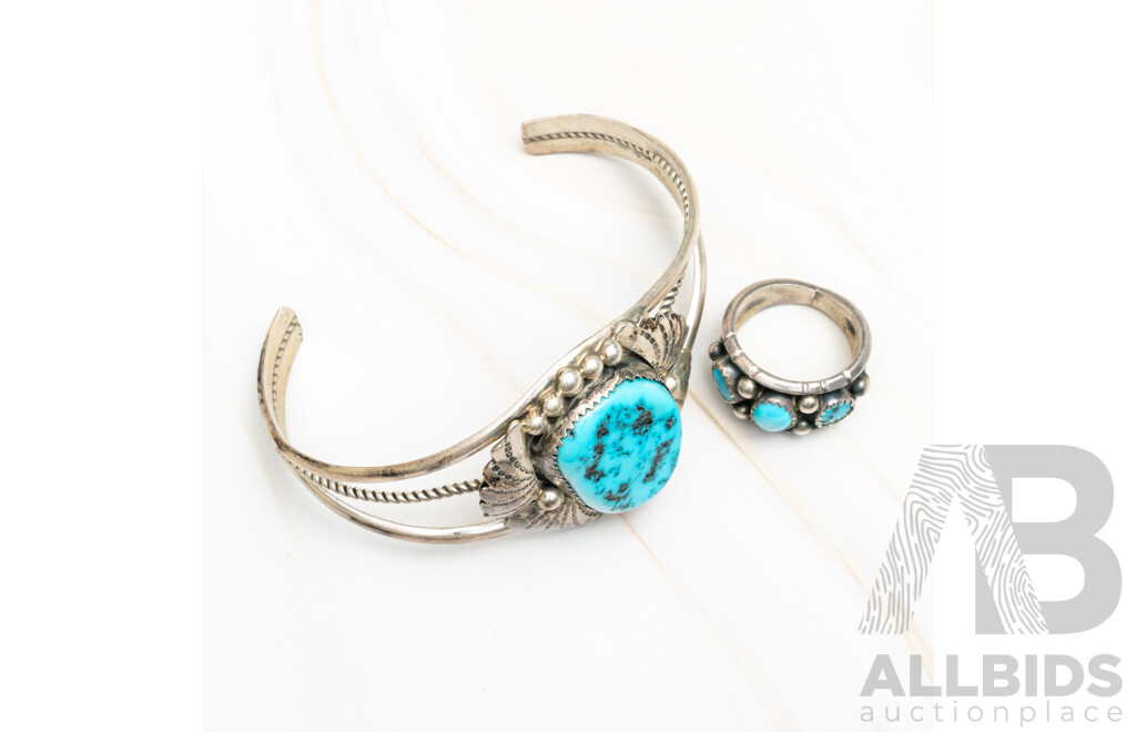 Zuni Navajo Natural Turquoise Vintage Sterling Silver Open Cuff Bangle, 66mm and Ring Size O1/2, 34.0 Grams