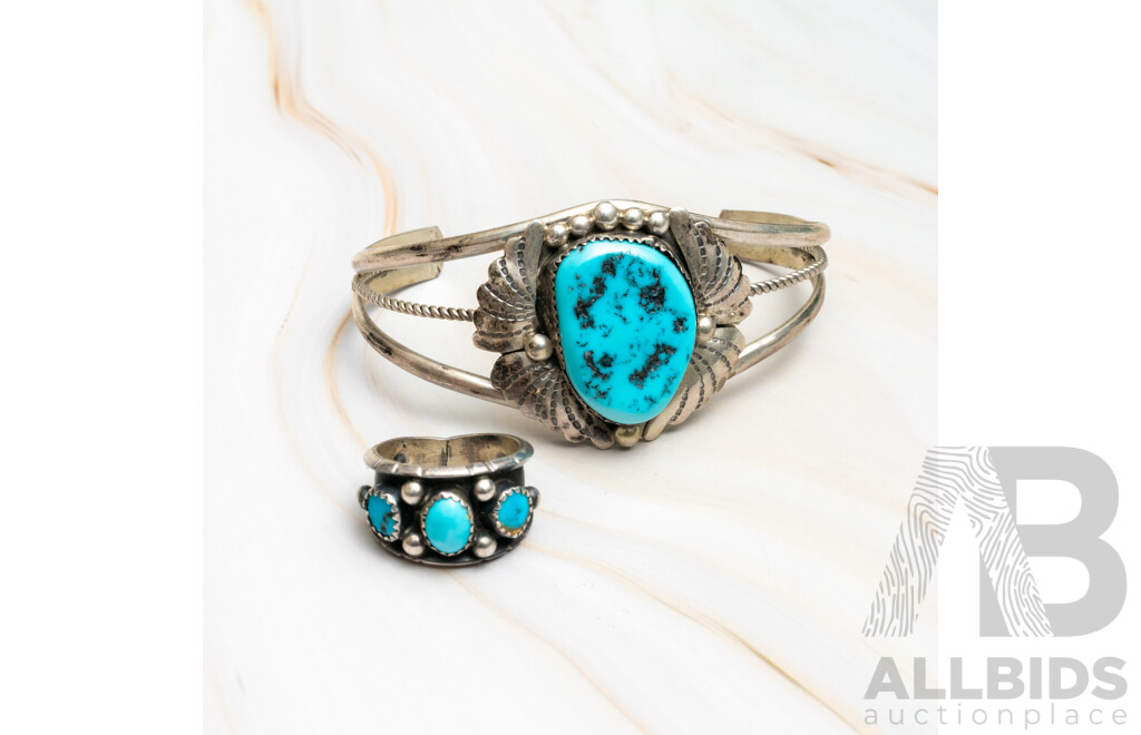 Zuni Navajo Natural Turquoise Vintage Sterling Silver Open Cuff Bangle, 66mm and Ring Size O1/2, 34.0 Grams