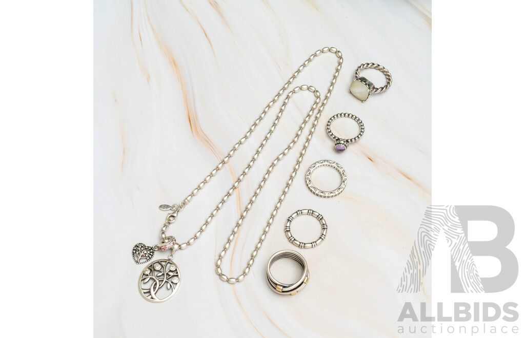 Pandora Vintage Sterling Silver Pod Necklace, 60cm with Charm Pendant & (5) Pandora Ring Collection, 46.48 Grams