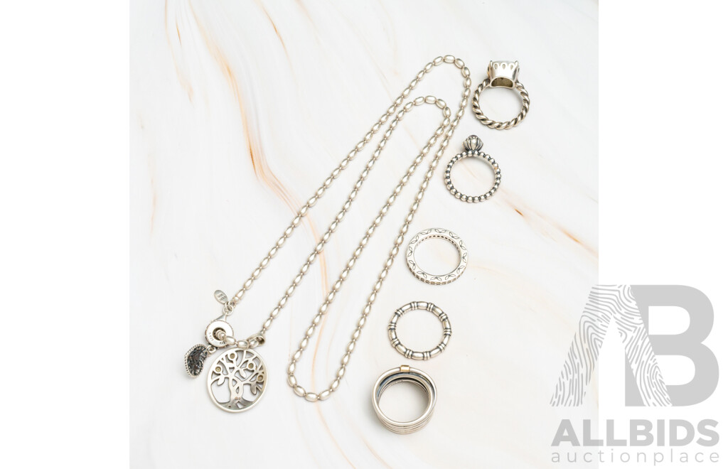 Pandora Vintage Sterling Silver Pod Necklace, 60cm with Charm Pendant & (5) Pandora Ring Collection, 46.48 Grams