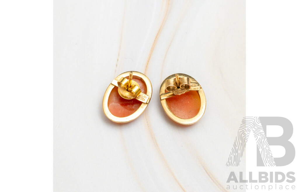 14ct Vintage Shell Cameo Stud Earrings, 15mm, 3.72 Grams