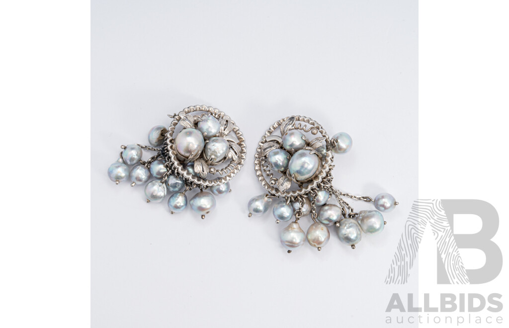 Vintage Sterling Silver Cultured Pearl Drop Clip on Earrings, 50mm, 27.89 Grams