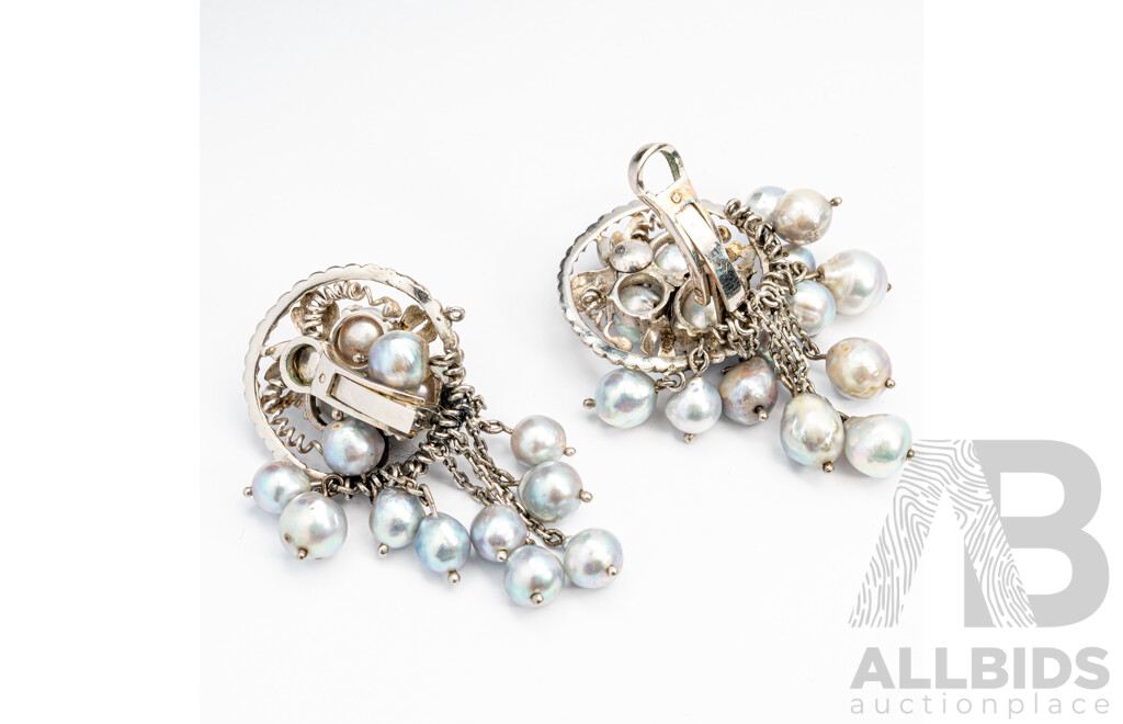 Vintage Sterling Silver Cultured Pearl Drop Clip on Earrings, 50mm, 27.89 Grams