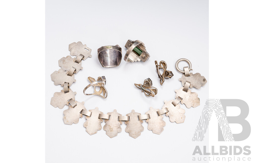 Antique Booklink Bracelet, Art Deco Style Carved Jade Ring, with Collection of Other Vintage Sterling Silver Jewellery, 44 Grams