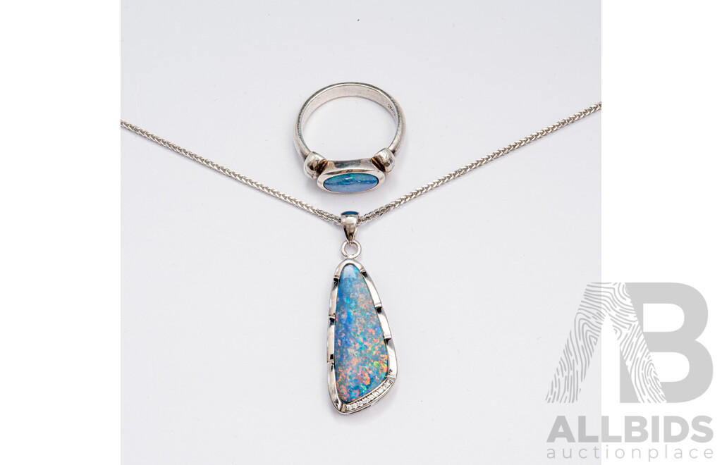 Sterling Silver Opal Doublet & Cz Pendant on Chain and Sterling Sivler Opal Doublet Ring, 9.51 Grams