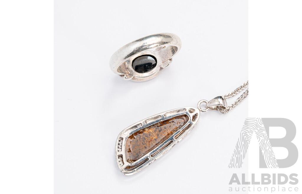 Sterling Silver Opal Doublet & Cz Pendant on Chain and Sterling Sivler Opal Doublet Ring, 9.51 Grams