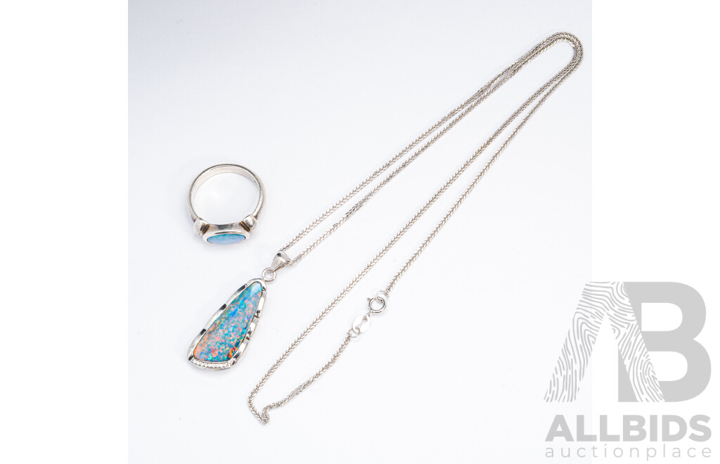 Sterling Silver Opal Doublet & Cz Pendant on Chain and Sterling Sivler Opal Doublet Ring, 9.51 Grams