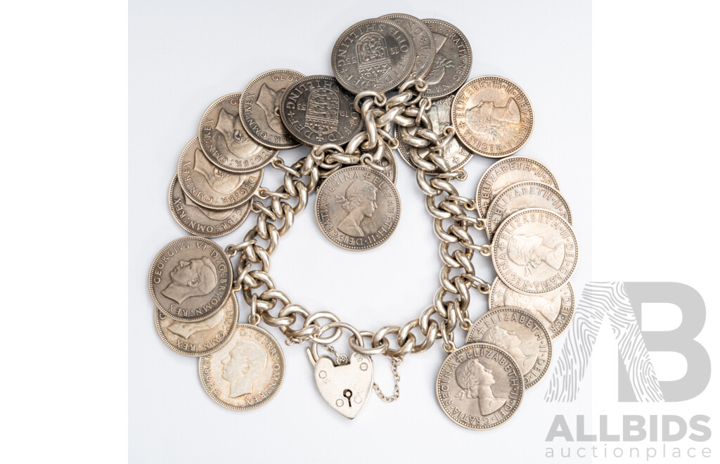 Sterling Silver Curb Link Heart Padlock Bracelet with Shillings 1945-1964 in Sequential Order, 19cm, 173 Grams