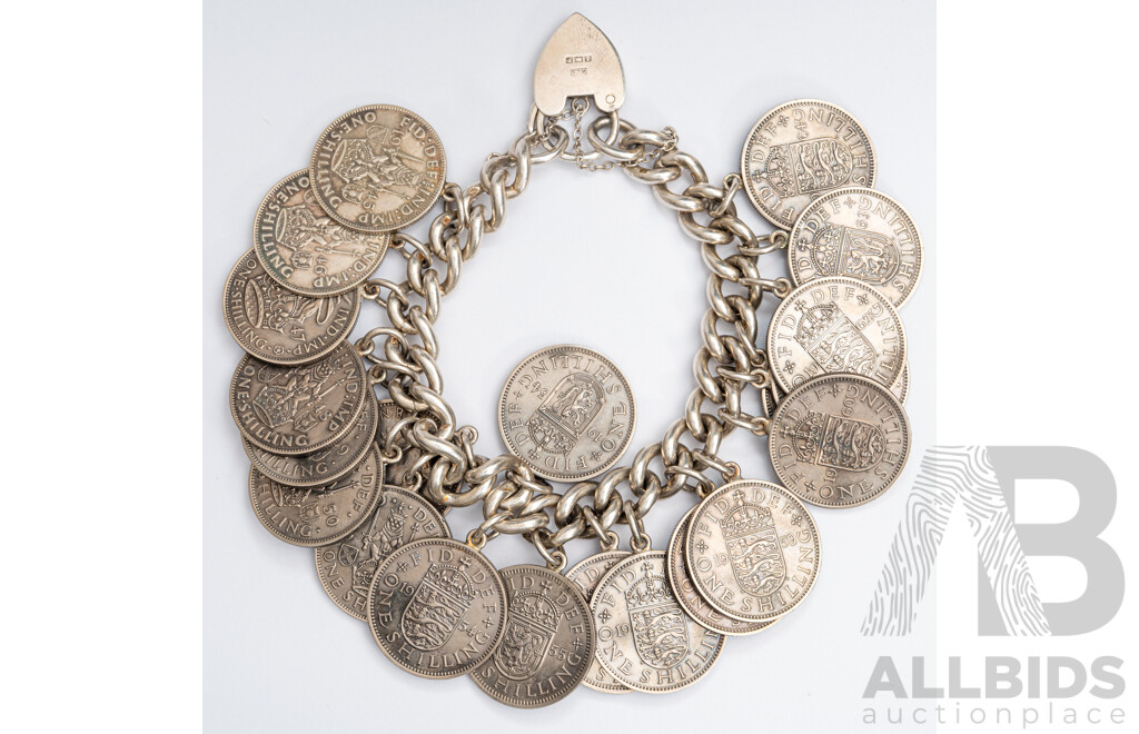 Sterling Silver Curb Link Heart Padlock Bracelet with Shillings 1945-1964 in Sequential Order, 19cm, 173 Grams