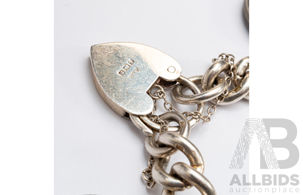 Sterling Silver Curb Link Heart Padlock Bracelet with Shillings 1945-1964 in Sequential Order, 19cm, 173 Grams