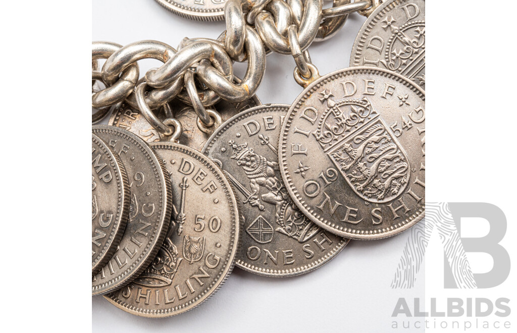 Sterling Silver Curb Link Heart Padlock Bracelet with Shillings 1945-1964 in Sequential Order, 19cm, 173 Grams