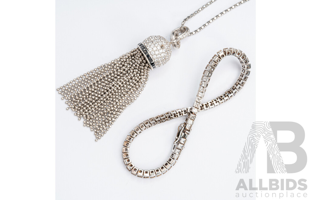 Sterling Silver CZ Tassel Drop Pendant & Chain with Sterling Silver CZ Tennis Bracelet, 37.54 Grams