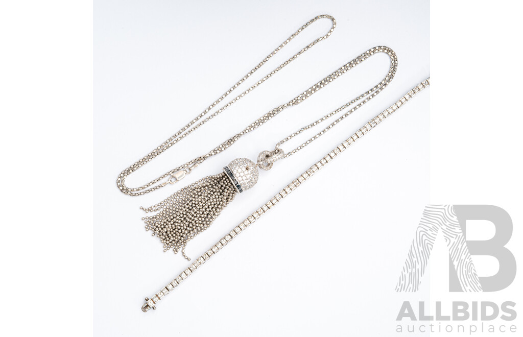 Sterling Silver CZ Tassel Drop Pendant & Chain with Sterling Silver CZ Tennis Bracelet, 37.54 Grams