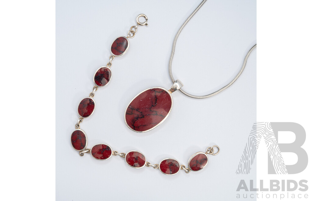 Sterling Silver Red Jasper Pendant & Chain, 45+6cm, with Matching Red Jasper Bracelet, 18cm, 29.29 Grams