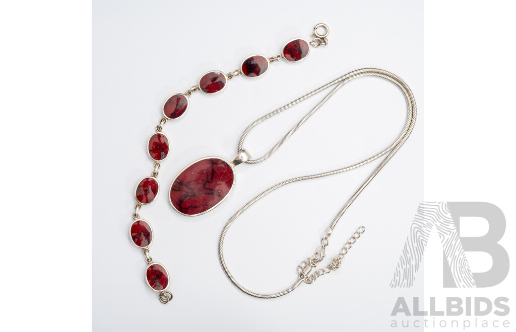 Sterling Silver Red Jasper Pendant & Chain, 45+6cm, with Matching Red Jasper Bracelet, 18cm, 29.29 Grams