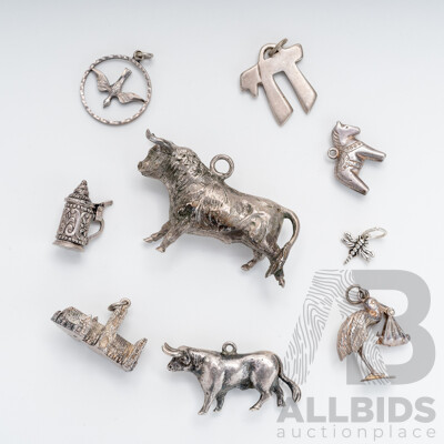 Collection of Vintage Silver (925/800/500) Charms in Various Sizes & Designs Including Matador Bull, 61.17 Grams