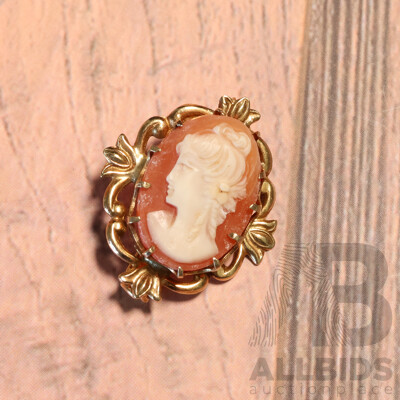 9ct Vintage Shell Cameo Brooch, 25mm X 20mm, with Ornate Frame, 3.34 Grams