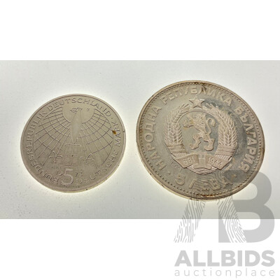 Germany 1973 Silver Deutsche Mark Coin, 500th Anniversary - Birth of Nicolaus Copernicus .625 and Bulgaria 1973 Silver Five Leva Coin, 100 Years Since the Death of Vasil Levski .900