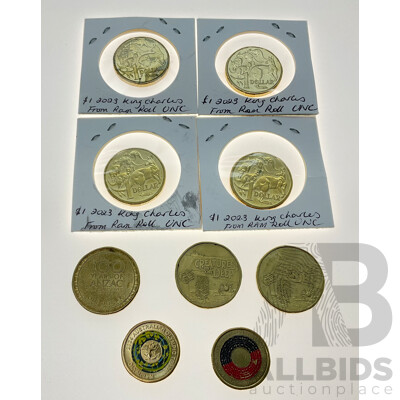Seven Australian One Dollar Coins Including Four UNC 2023 KCIII, Two 2023 Creatures of the Deep, 2016 100 Years of ANZAC, Two Dollars 2021 Aboriginal Flag, 2024 Olympic Team