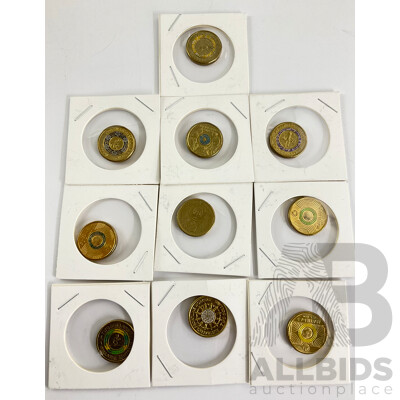 Ten Australian Commemorative Two Dollar Coins Including 2021 Ambulance, 2023 Matildas, 2019 Wallabies, 2016 Decimal Currency, 2021 Henry Octopus, Dorothy, 2022 Front Line Workers 2020 Passion