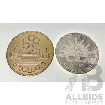 Singapore 1973 Silver Five Dollar Coin SEAP Games .500 and Australian Macquarie Mint Silver Gallipoli Landing Coin .333