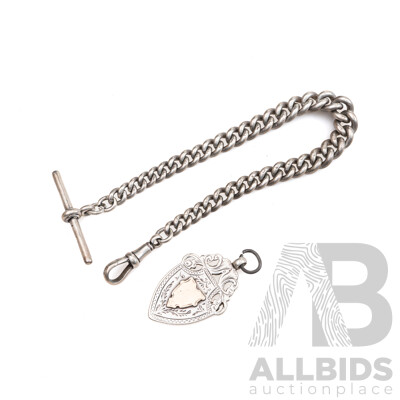 Antique 1905 Sterling Silver Shield Medallion Pendant & 1921 Sterling Silver Fob Chain with Albert Clasp, 21cm, Both Hallmarked Birmingham, 38.50 Grams