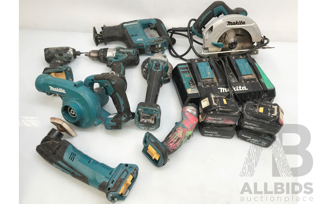 Assorted Makita Power Tools with Batteries and Bag