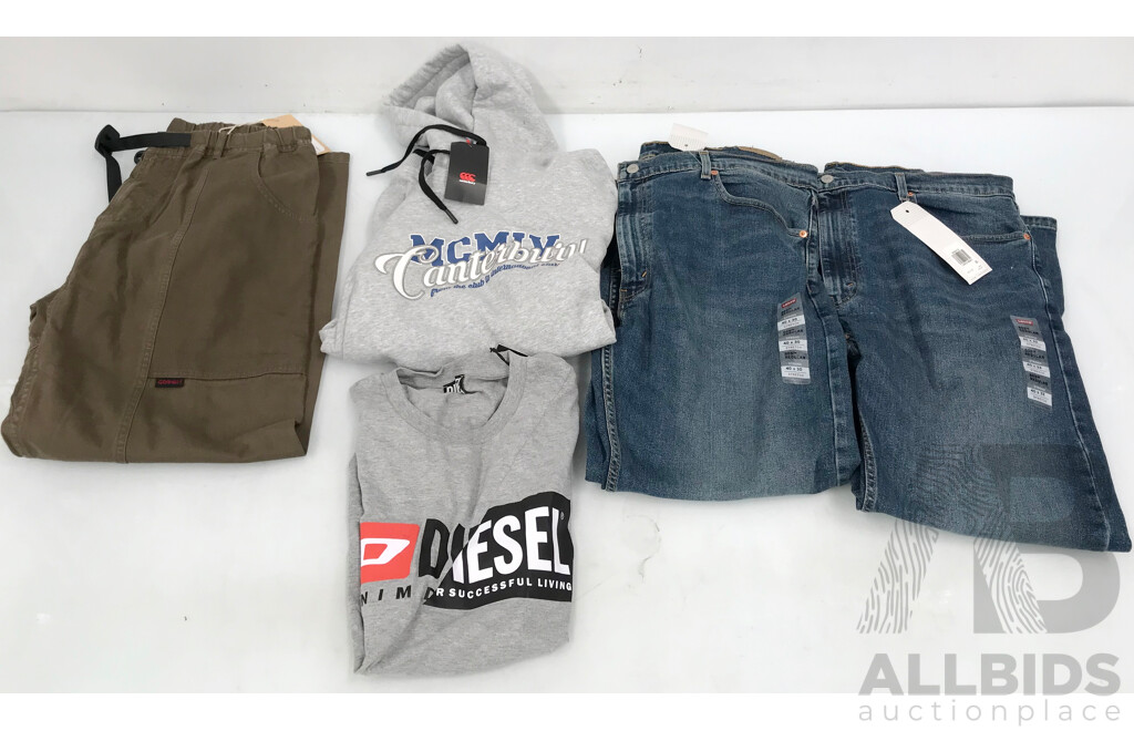 Assorted Jeans, Pants, Hoodie, and Tee From Levi's, Gramicci, Canterbury, and Diesel - Lot of 5