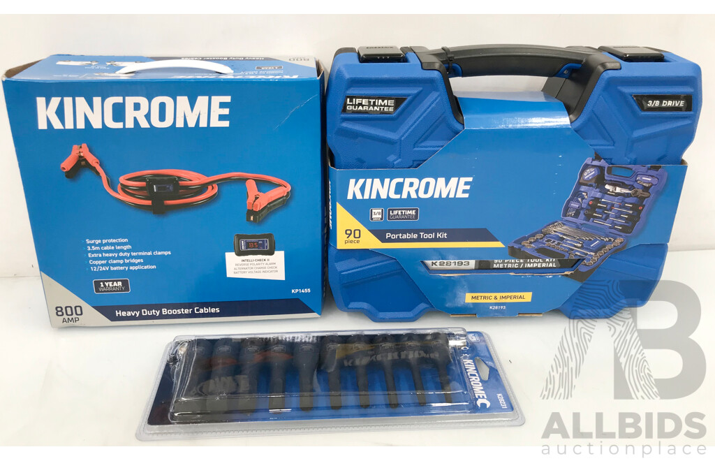 Kincrome Heavy Duty Booster Cables, 90 Piece Portable Tool Kit, and 10 Piece Hex Impact Socket Set