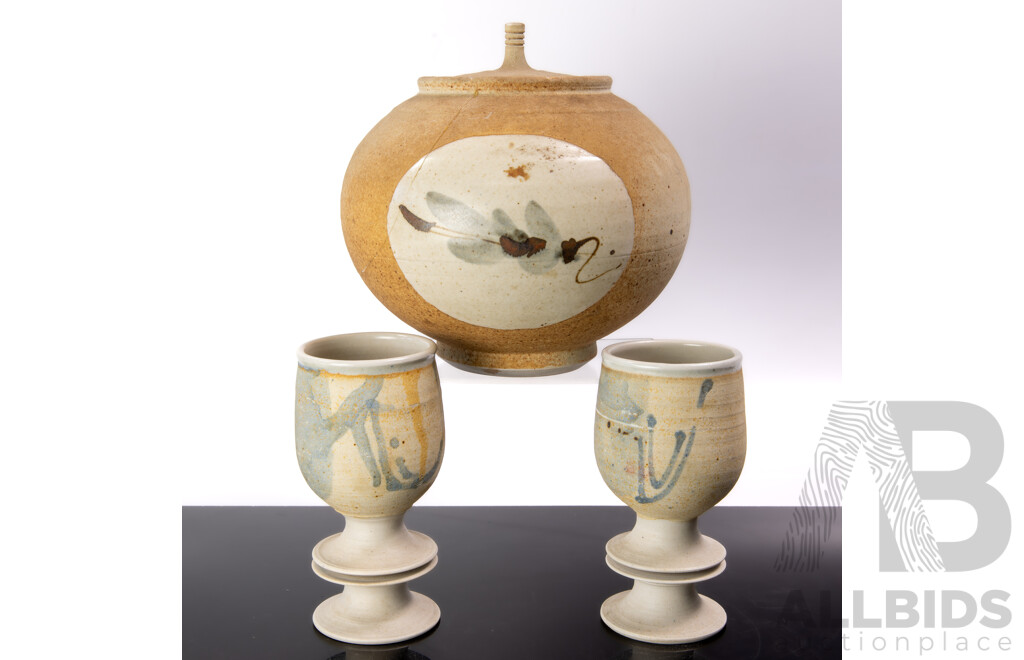 Collection Australian Local Studio Pottery Pieces by Victor Greenaway Comprising Lidded Container with Pair Goblets