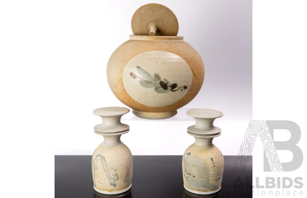 Collection Australian Local Studio Pottery Pieces by Victor Greenaway Comprising Lidded Container with Pair Goblets
