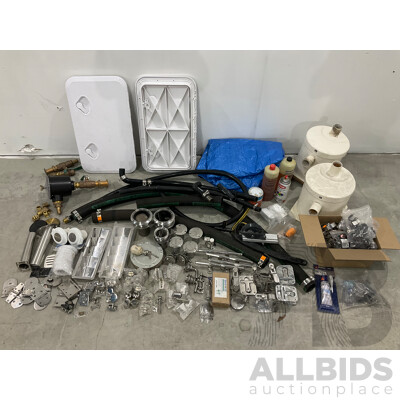 Large Lot of New and Unused Marine Hardware and Stainless Fittings, Exhaust Pipe and Cummins Mufflers