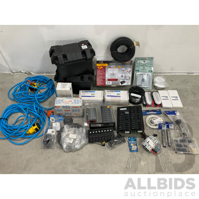 Assorted Marine Grade Boat Electrical Items - Marine Battery Charger, Ship to Shore Cable, Lighting, Breaker Board