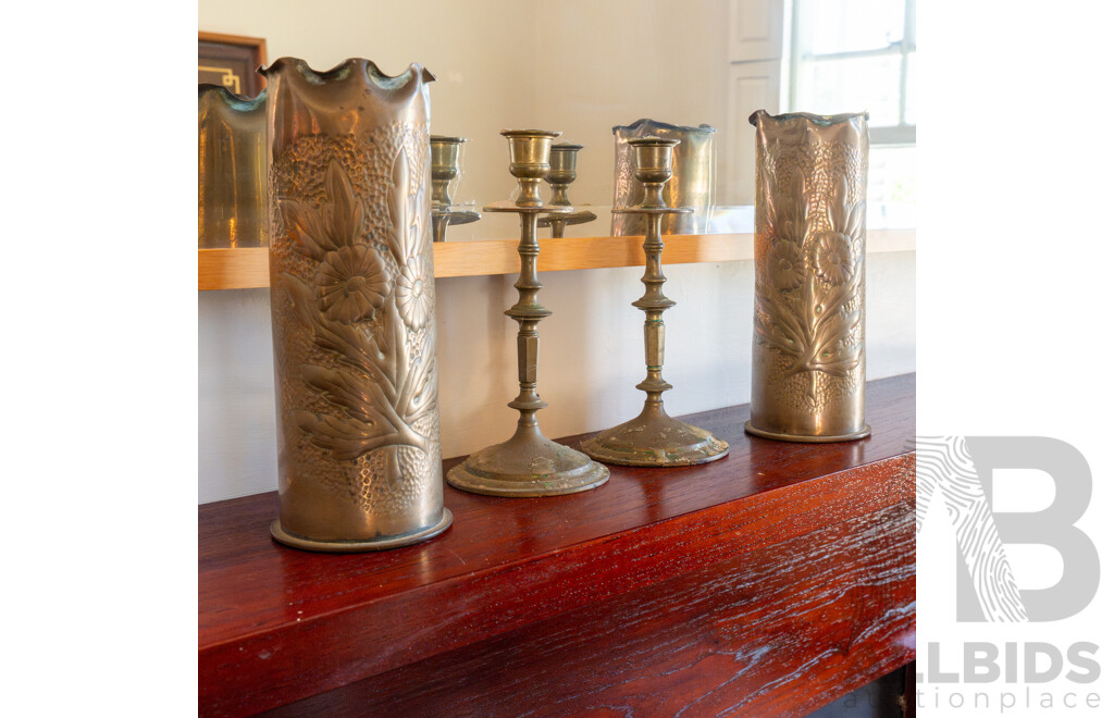 Pair of Brass Trench Art Vases and Pair of Candlesticks