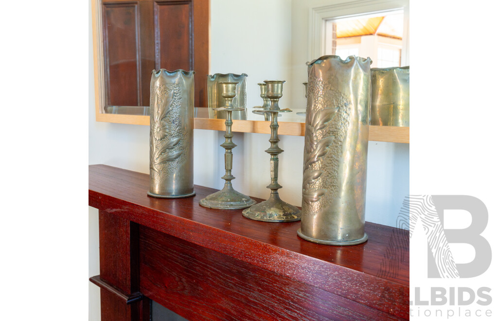 Pair of Brass Trench Art Vases and Pair of Candlesticks