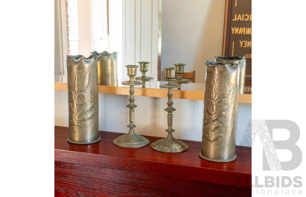 Pair of Brass Trench Art Vases and Pair of Candlesticks