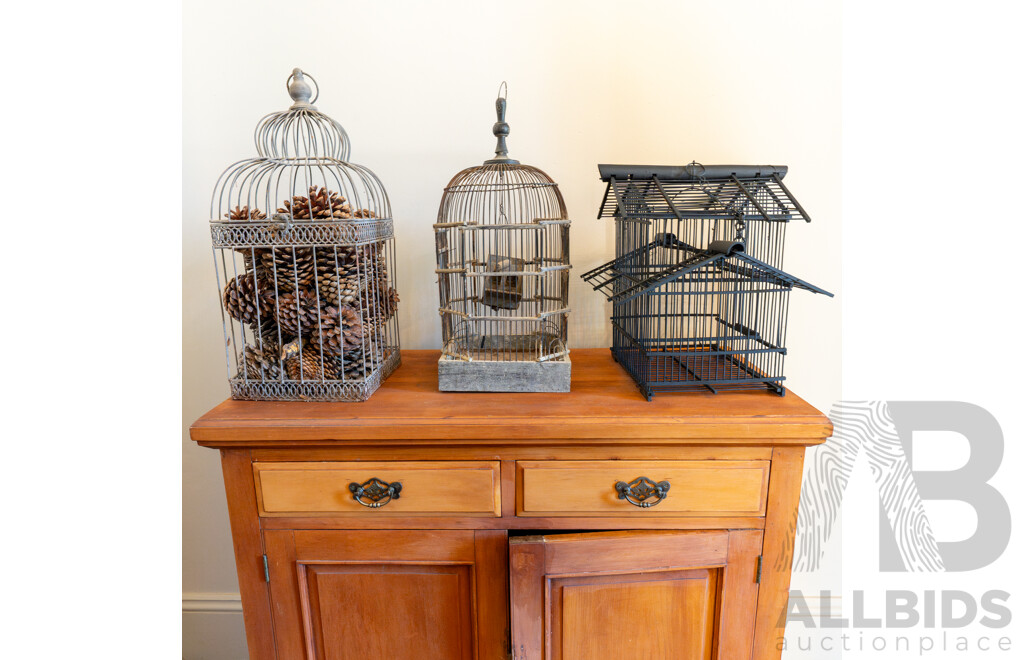 Pair of Vintage Metal Birdcages with Timber Example