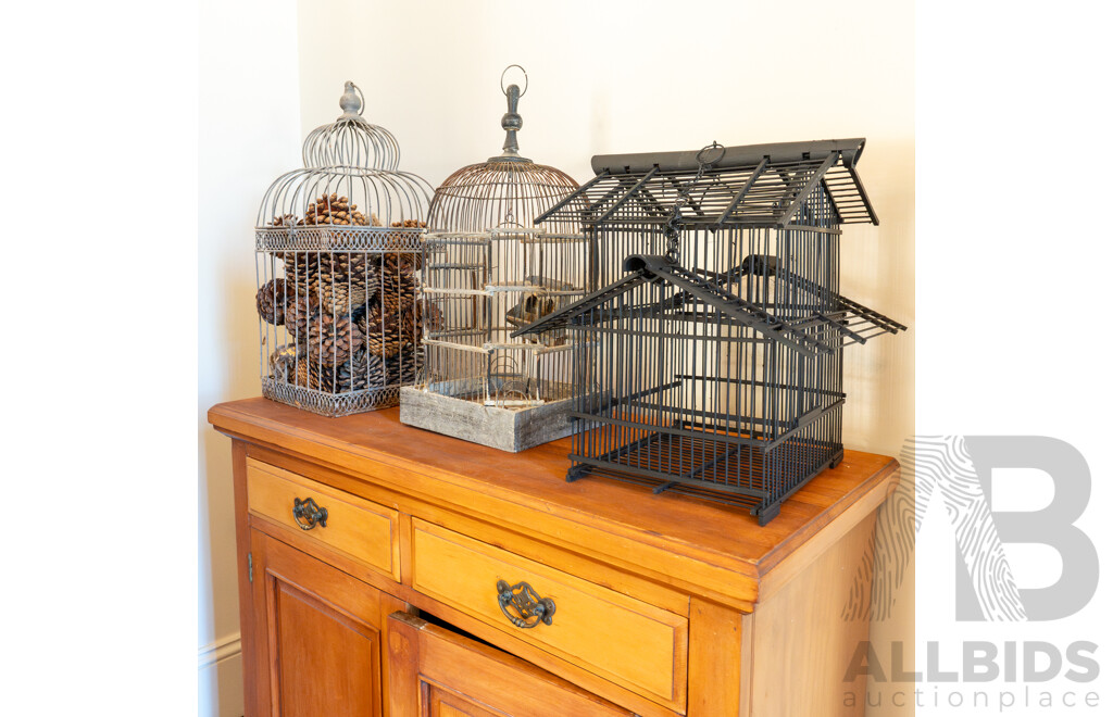 Pair of Vintage Metal Birdcages with Timber Example