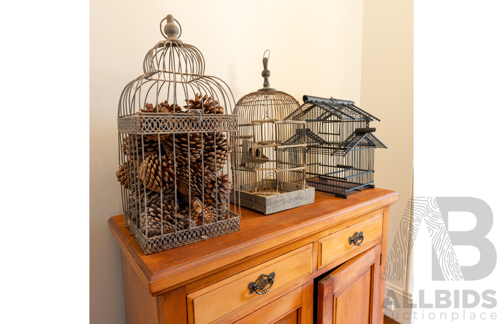 Pair of Vintage Metal Birdcages with Timber Example