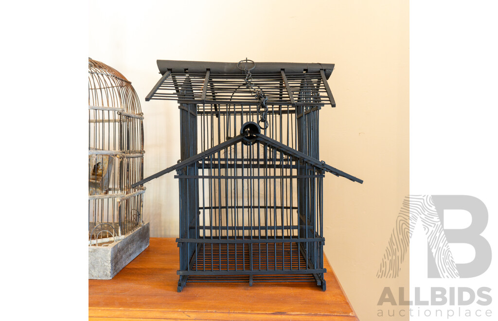 Pair of Vintage Metal Birdcages with Timber Example