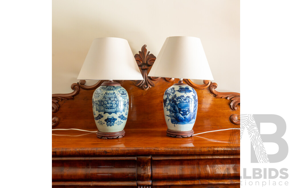 Matched Pair of Chinese Blue and White Table Lamps