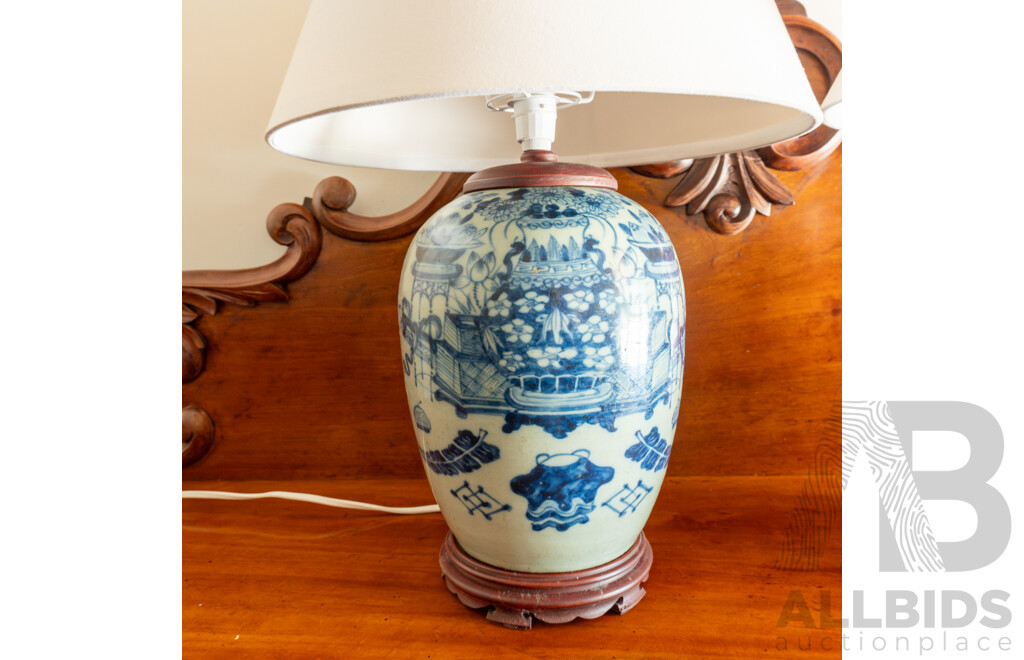 Matched Pair of Chinese Blue and White Table Lamps