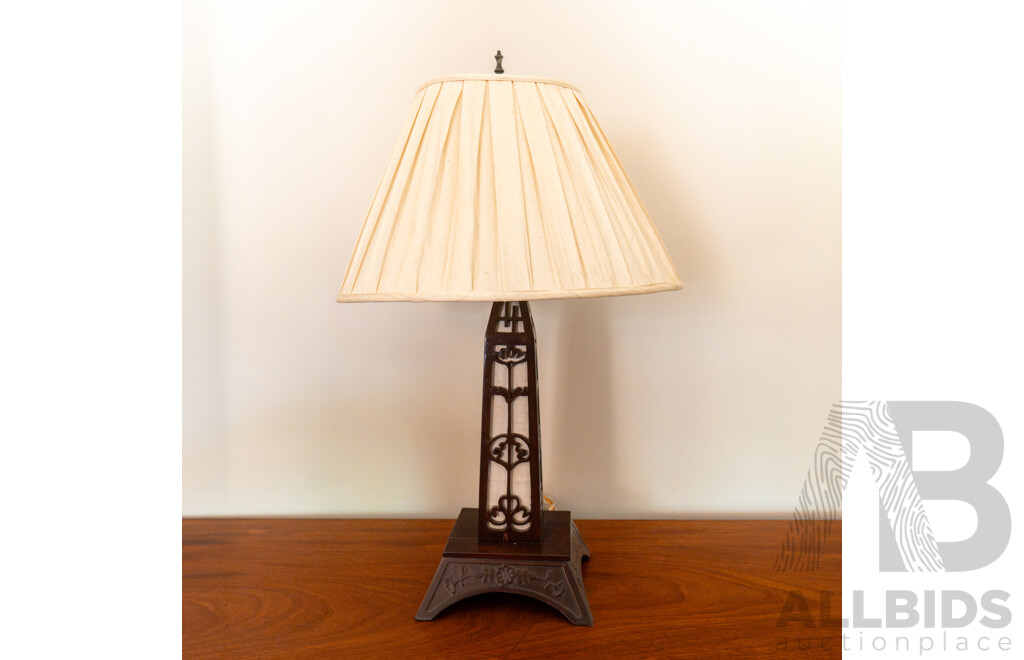 Timber Fretwork Table Lamp with Pleated Fabric Shade