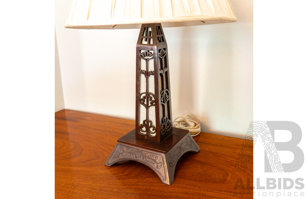 Timber Fretwork Table Lamp with Pleated Fabric Shade