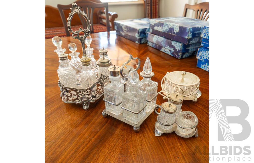 Collection of Four Cut Glass and Silver Plate Cruet Sets